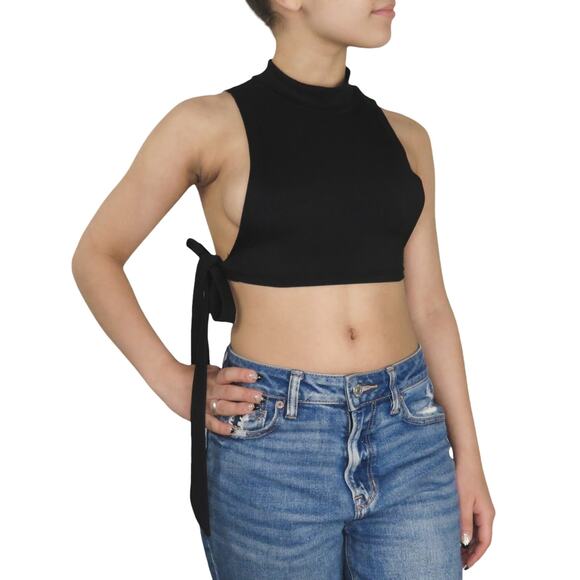 Shein Black Ribbed Knit Tie Front High Neck Top XS Crop Tank High Neck Halter - Picture 1 of 8